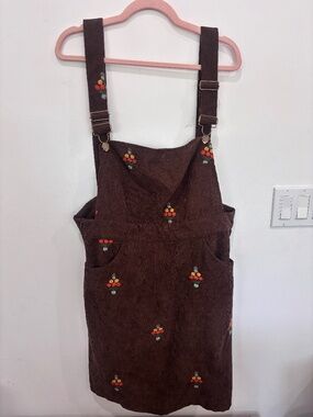 BloomChic Corduroy Overall Dress Size 14 Brown Floral Embroidered Pinafore